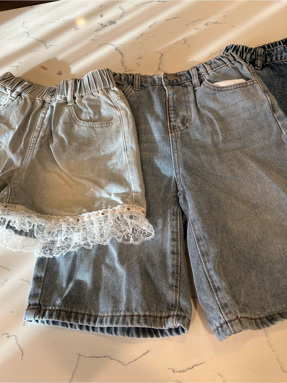 Light Wash Denim Kids Shorts with Lace Trim